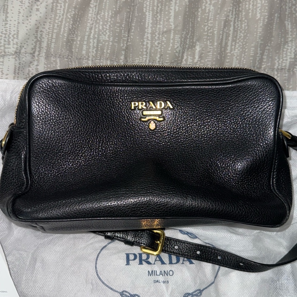 Prada black leather double zip camera crossbody
